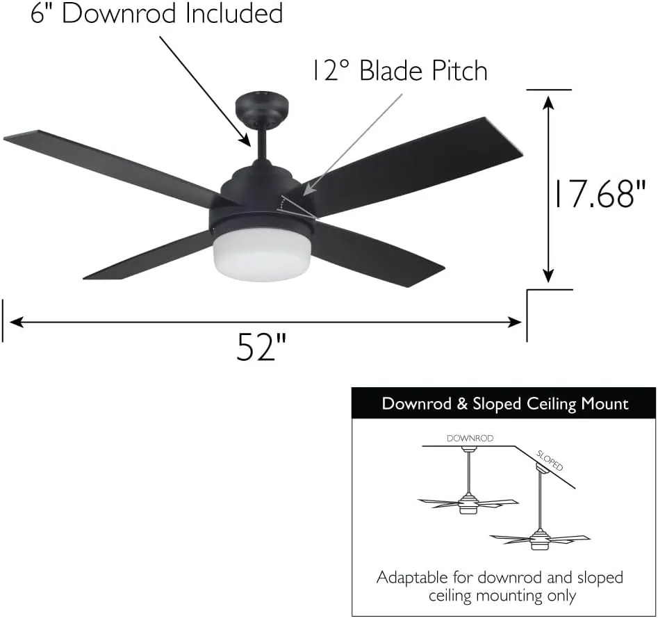 Cali 52-Inch Ceiling Fan with LED Light Kit, 4-Blade, Matte Black Finish, Remote Control – Design House, 157354-BLK