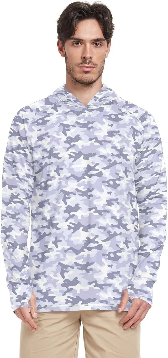 Camouflage Gray Blue Men Sun Protection Hoodies Long Sleeve Sun Shirt with Hood UPF 50  Beach Hoodies Rash Guard for Men