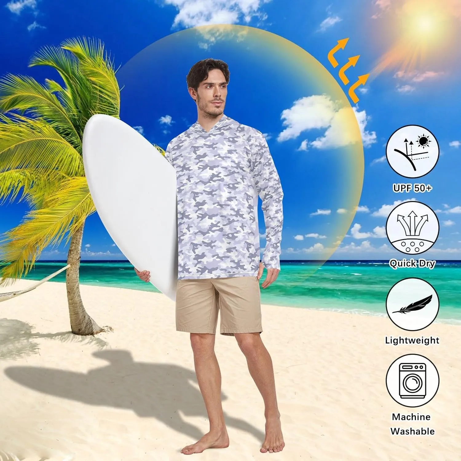 Camouflage Gray Blue Men Sun Protection Hoodies Long Sleeve Sun Shirt with Hood UPF 50  Beach Hoodies Rash Guard for Men