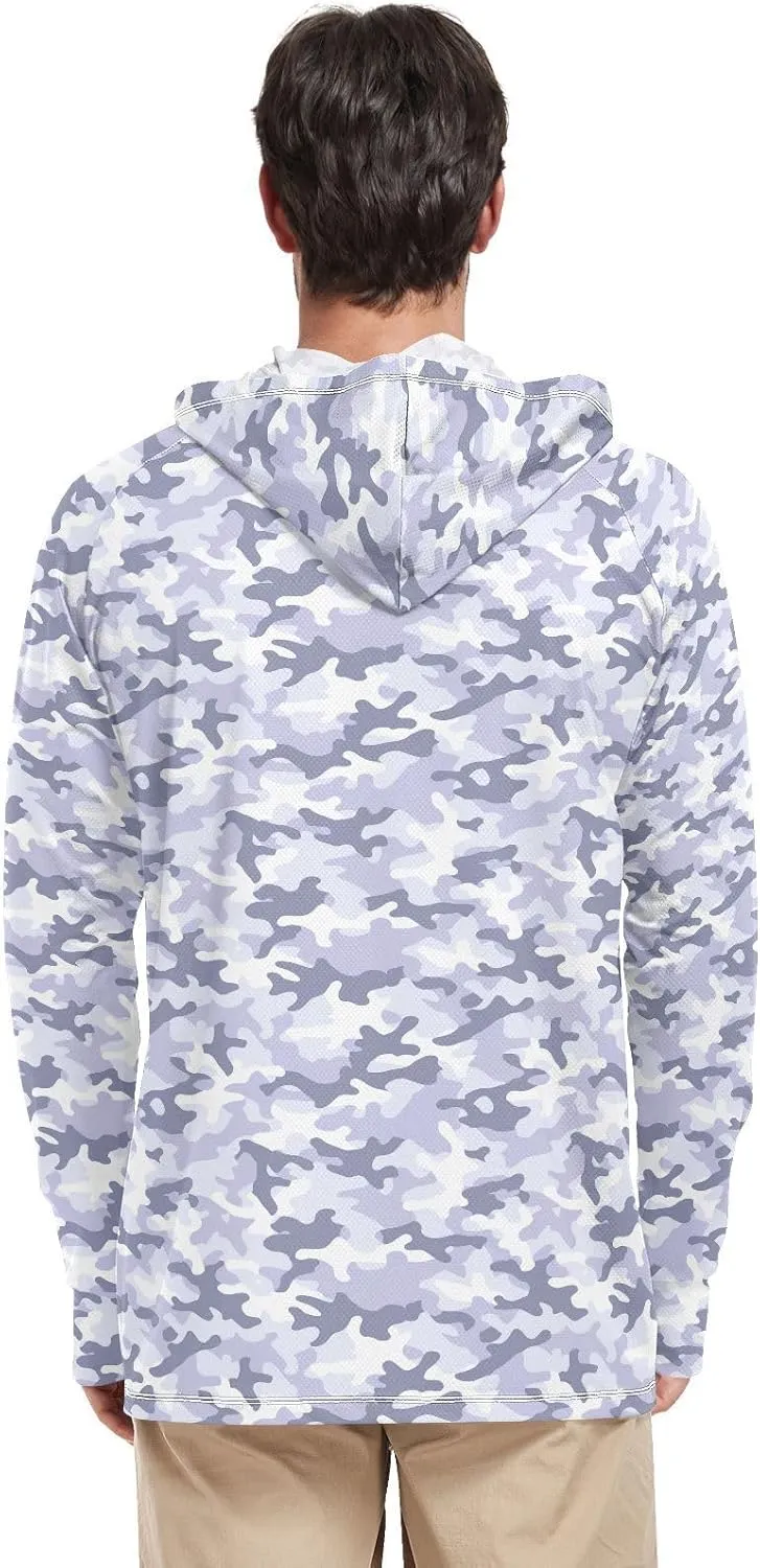 Camouflage Gray Blue Men Sun Protection Hoodies Long Sleeve Sun Shirt with Hood UPF 50  Beach Hoodies Rash Guard for Men