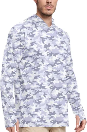 Camouflage Gray Blue Men Sun Protection Hoodies Long Sleeve Sun Shirt with Hood UPF 50  Beach Hoodies Rash Guard for Men
