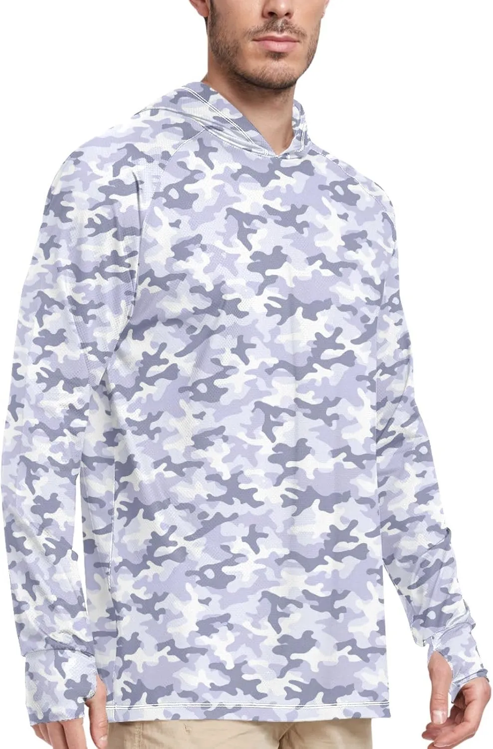 Camouflage Gray Blue Men Sun Protection Hoodies Long Sleeve Sun Shirt with Hood UPF 50  Beach Hoodies Rash Guard for Men