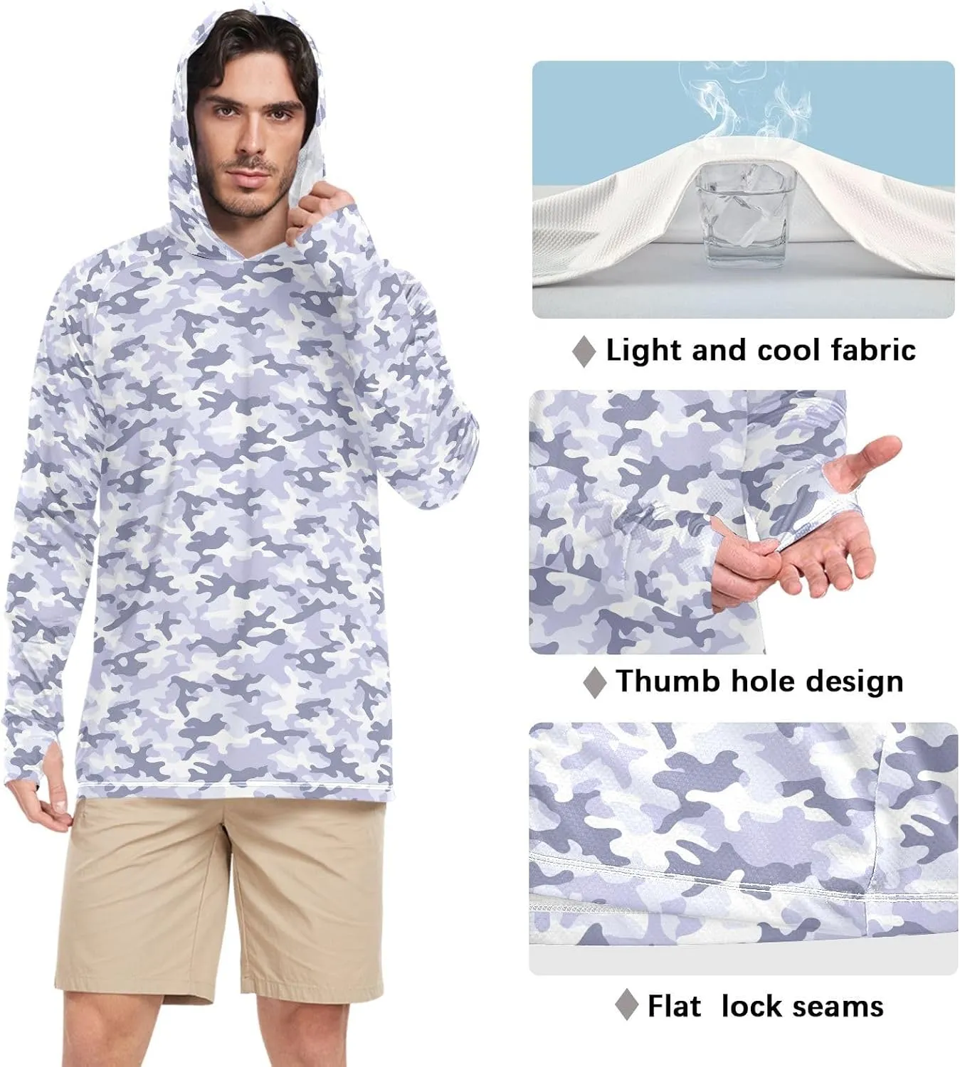 Camouflage Gray Blue Men Sun Protection Hoodies Long Sleeve Sun Shirt with Hood UPF 50  Beach Hoodies Rash Guard for Men