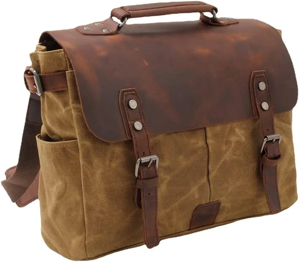 Canvas Horsehide Briefcase European and American Men's Bag Retro Shoulder Crossbody Handbag(D)