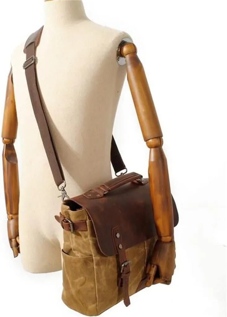Canvas Horsehide Briefcase European and American Men's Bag Retro Shoulder Crossbody Handbag(D)