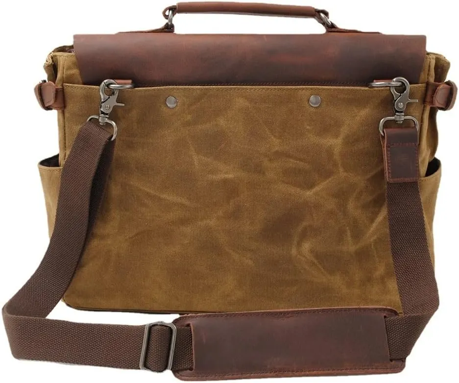 Canvas Horsehide Briefcase European and American Men's Bag Retro Shoulder Crossbody Handbag(D)