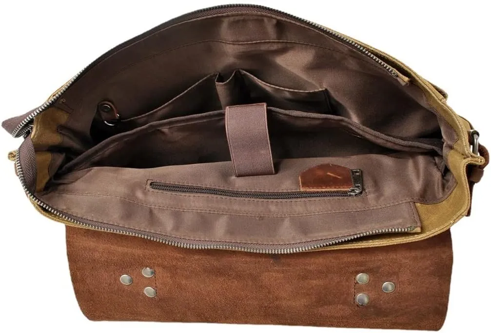 Canvas Horsehide Briefcase European and American Men's Bag Retro Shoulder Crossbody Handbag(D)