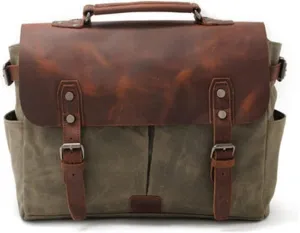 Canvas Horsehide Briefcase European and American Men's Bag Retro Shoulder Crossbody Handbag(D)