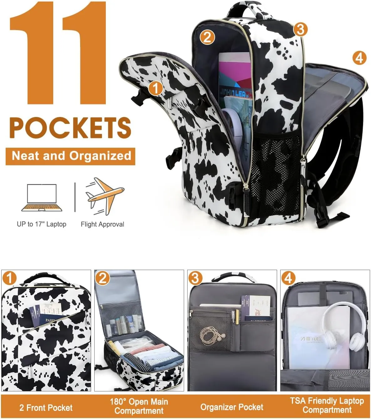 Capolo Travel Backpack for Women Men Waterproof Laptop Backpack Flight Approved Carry On Backpack Overnight Weekender Bag College Bookbag for Business, Work, Traveling Fits 17 '' Laptop,Cow Print