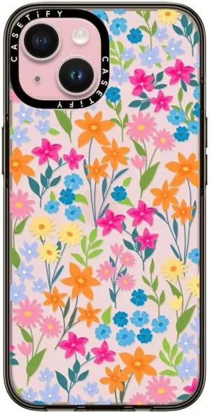 CASETiFY Compact iPhone 15 Case [4 ft. 2X Military Grade Drop Protection/Slim/Lightweight] - Bright Spring Flowers - Clear Black