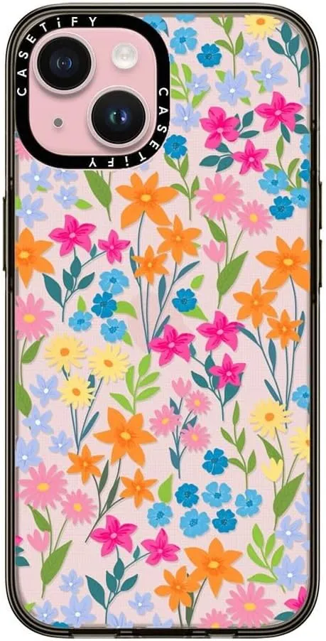 CASETiFY Compact iPhone 15 Case [4 ft. 2X Military Grade Drop Protection/Slim/Lightweight] - Bright Spring Flowers - Clear Black