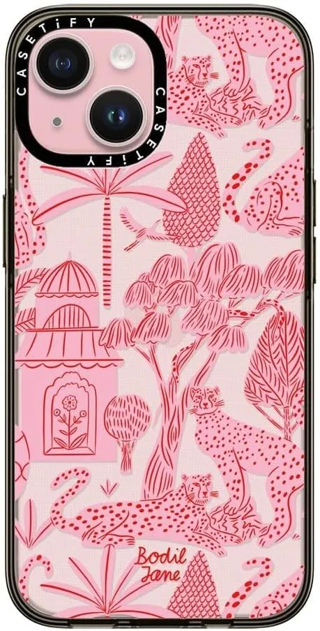 CASETiFY Compact iPhone 15 Case [4 ft. 2X Military Grade Drop Protection/Slim/Lightweight] - Cheetah Paradise Pink - Clear Black