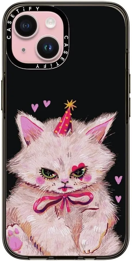 CASETiFY Compact iPhone 15 Case [4 ft. 2X Military Grade Drop Protection/Slim/Lightweight] - Clown Kitty - Clear Black
