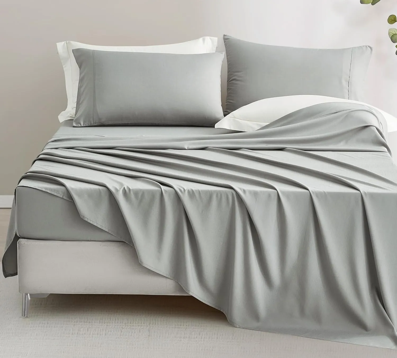 Chezmoi Collection 4-Piece Stone Washed Full Sheet Set - Rayon Derived from Bamboo & Polyester Blended, Breathable & Cooling 15-Inches Deep Pocket Sheets & Pillowcases Set, Light Gray