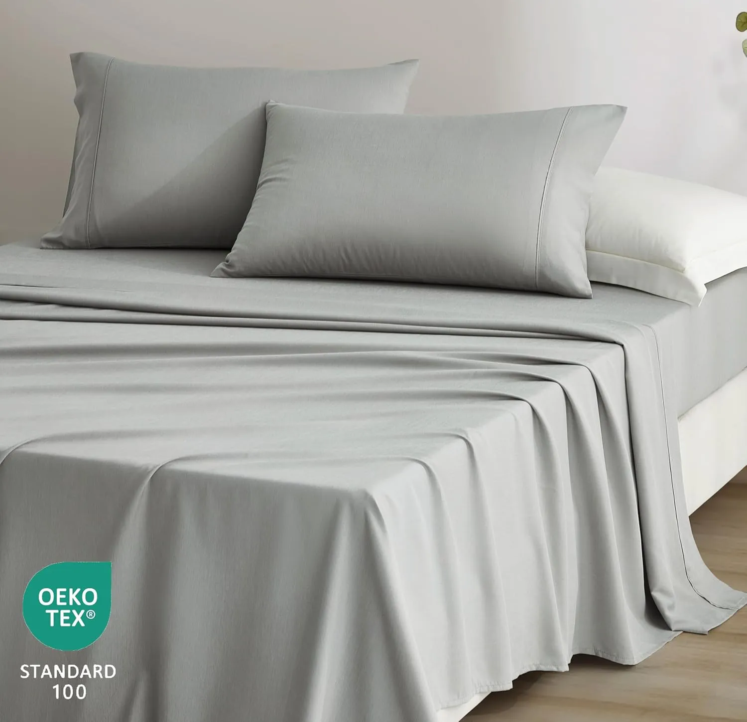 Chezmoi Collection 4-Piece Stone Washed Full Sheet Set - Rayon Derived from Bamboo & Polyester Blended, Breathable & Cooling 15-Inches Deep Pocket Sheets & Pillowcases Set, Light Gray