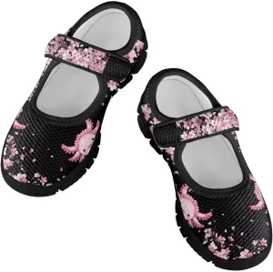 Children's Cartoon Single Buckle Sneaker,Girls Comfort Breathable Mesh Casual Shoes,Low-top Flat Shoes,Black Sole