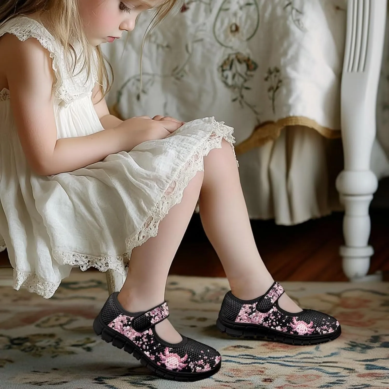 Children's Cartoon Single Buckle Sneaker,Girls Comfort Breathable Mesh Casual Shoes,Low-top Flat Shoes,Black Sole