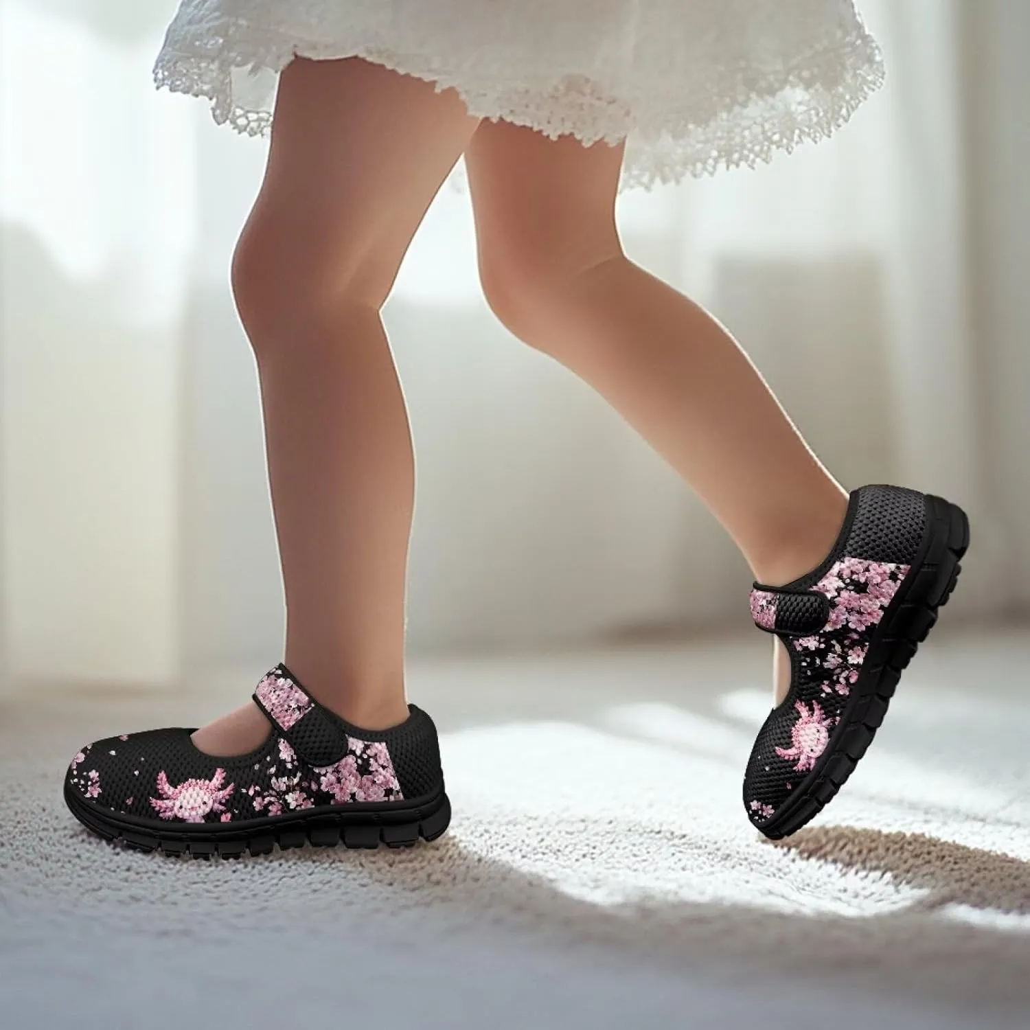 Children's Cartoon Single Buckle Sneaker,Girls Comfort Breathable Mesh Casual Shoes,Low-top Flat Shoes,Black Sole