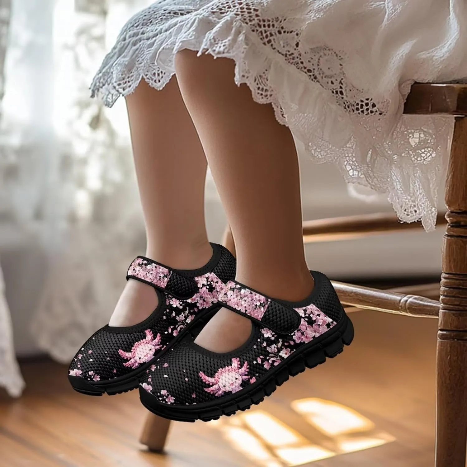 Children's Cartoon Single Buckle Sneaker,Girls Comfort Breathable Mesh Casual Shoes,Low-top Flat Shoes,Black Sole