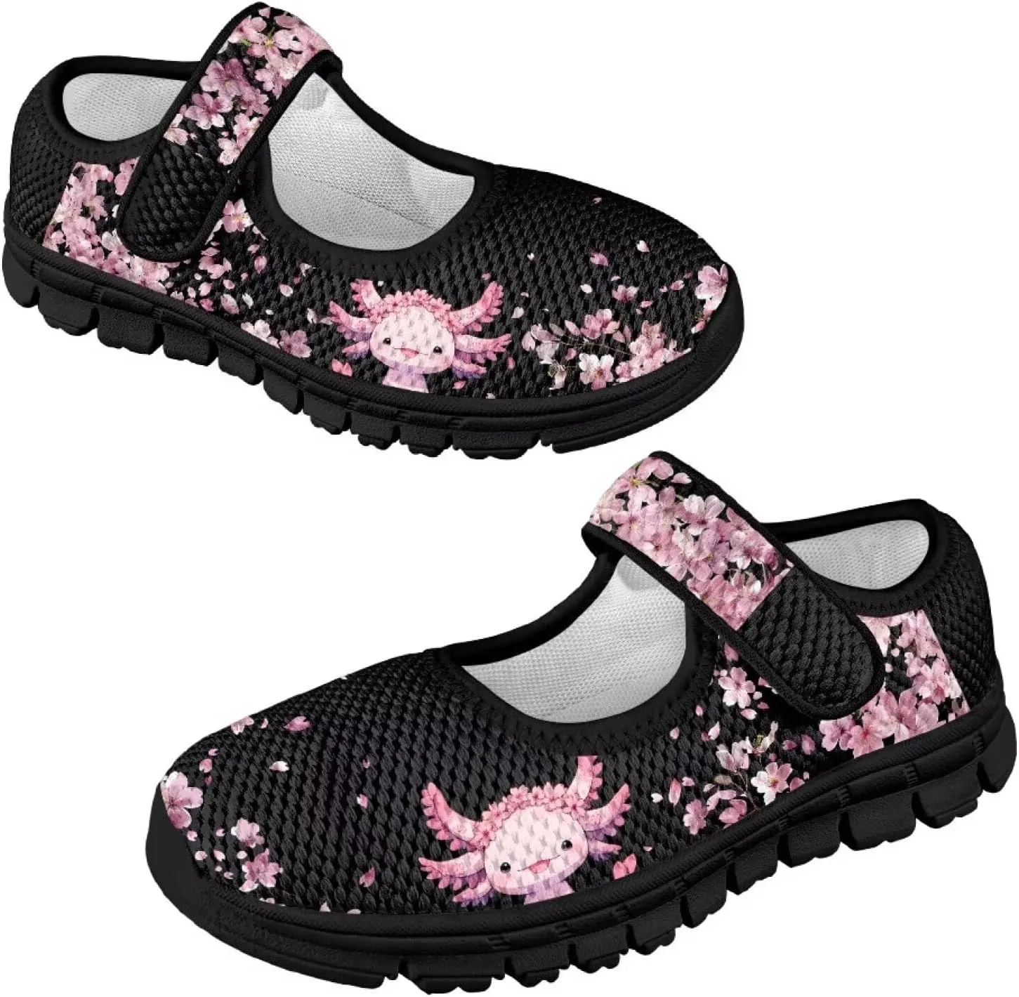 Children's Cartoon Single Buckle Sneaker,Girls Comfort Breathable Mesh Casual Shoes,Low-top Flat Shoes,Black Sole