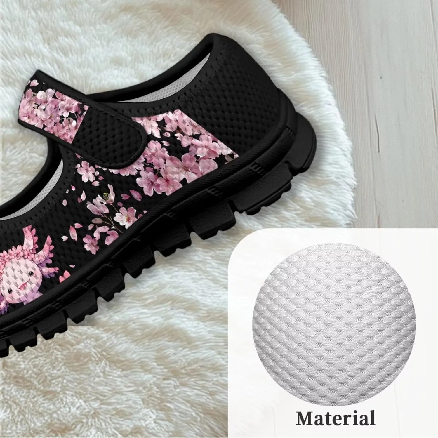 Children's Cartoon Single Buckle Sneaker,Girls Comfort Breathable Mesh Casual Shoes,Low-top Flat Shoes,Black Sole