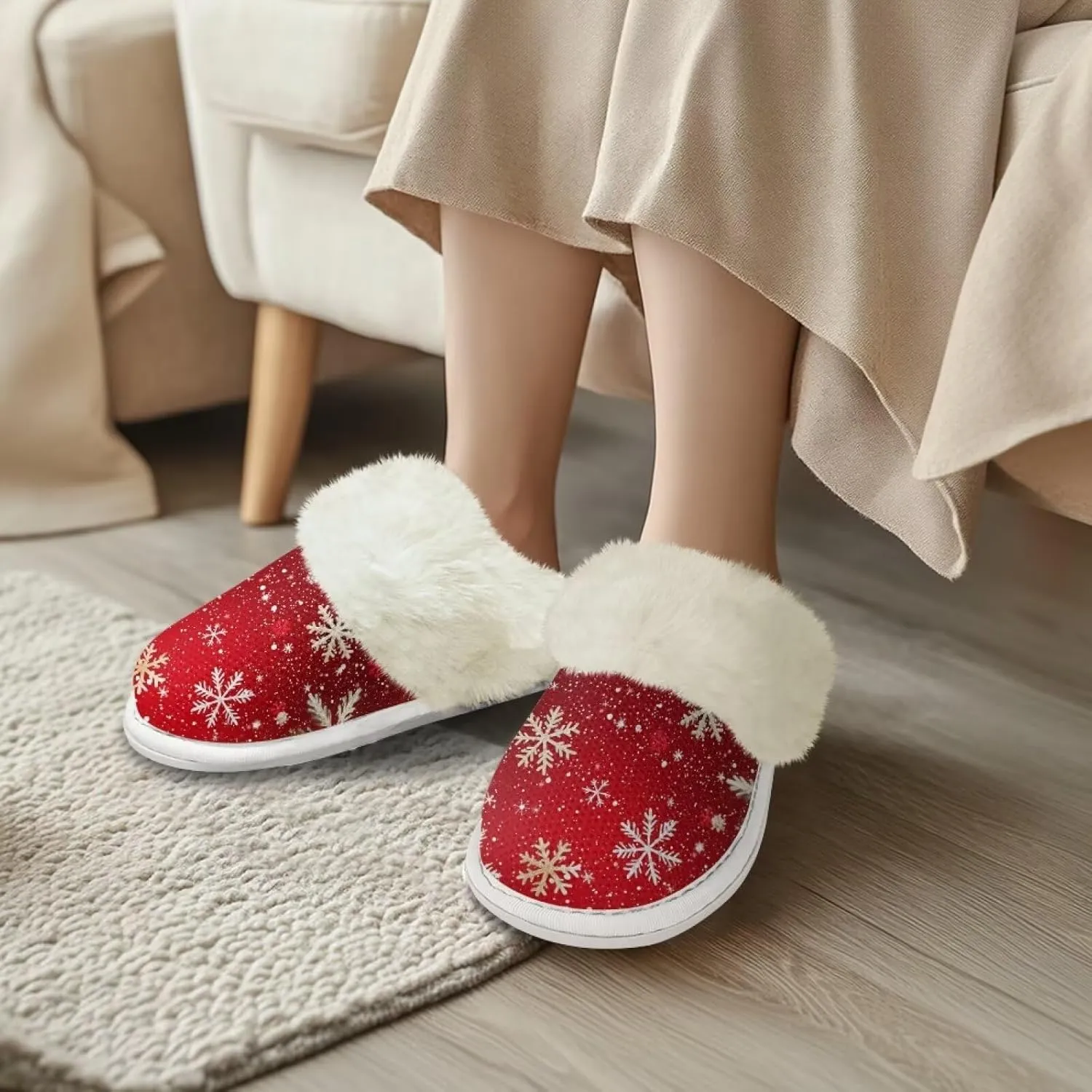 Christmas House Shoes Soft Plush Fur Lined Shoes Women Warmth