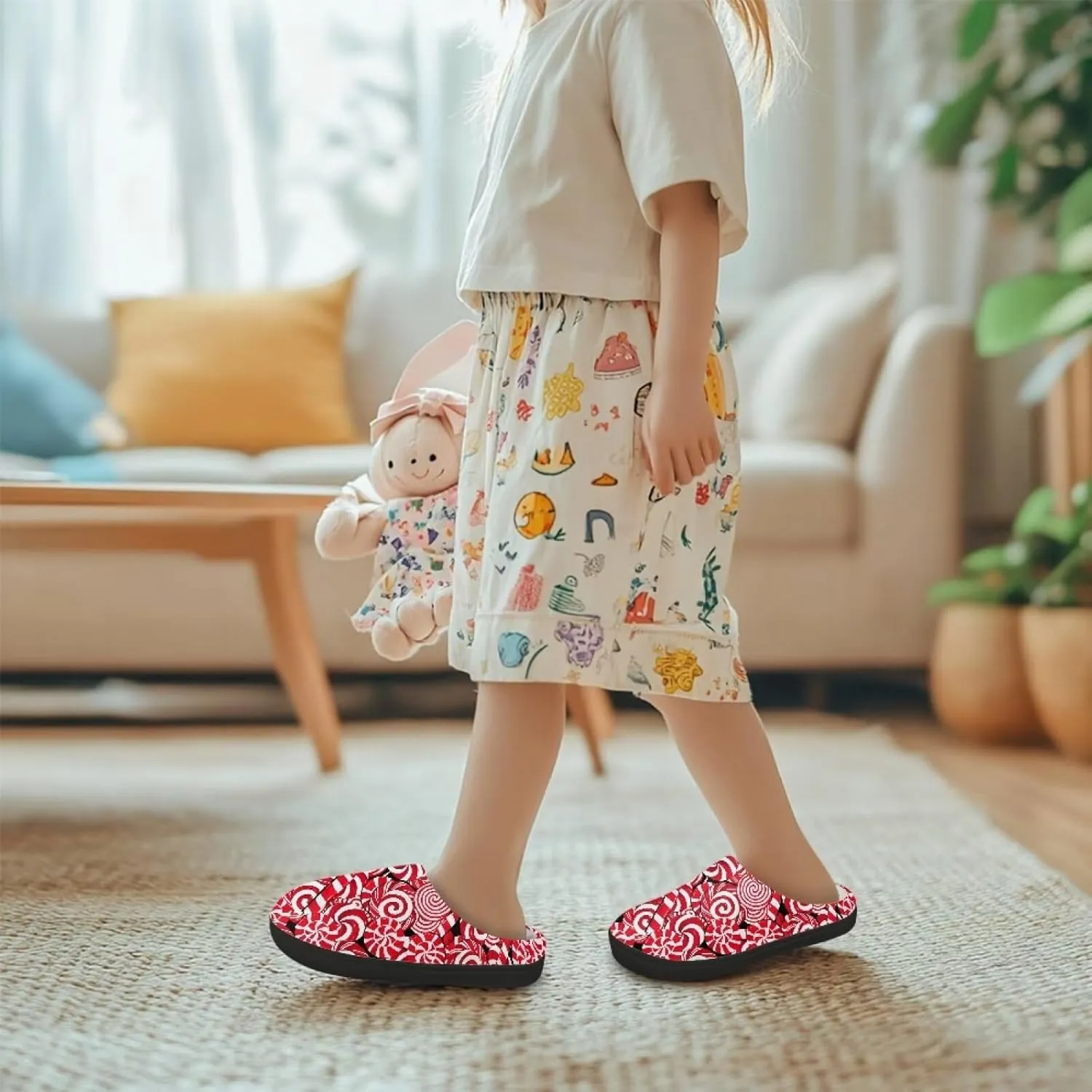 Christmas Kids Fuzzy Warm House Slippers for Girls Non Slip Rubber Sole Home Slippers for Toddlers Size 9-15