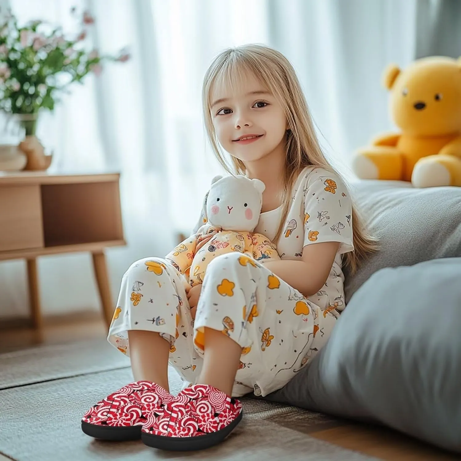 Christmas Kids Fuzzy Warm House Slippers for Girls Non Slip Rubber Sole Home Slippers for Toddlers Size 9-15