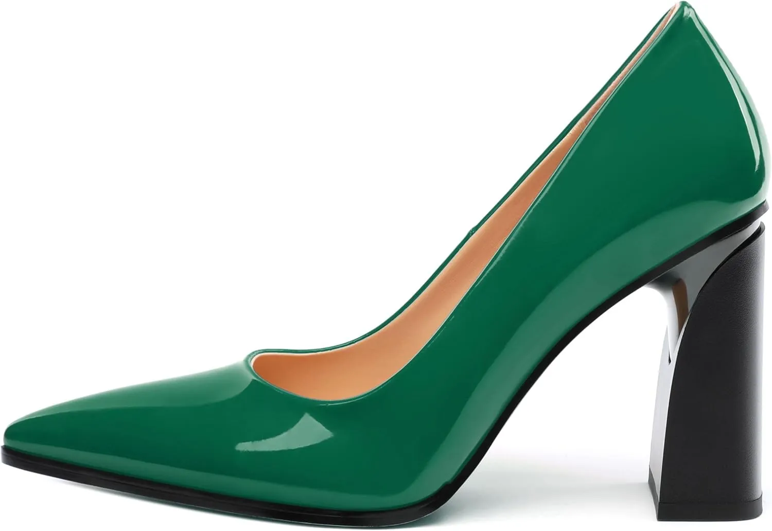 Chunky Block Heels for Women Patent Closed Pointed Toe Pumps Slip on Heels Dress Wedding Shoes 3.5IN