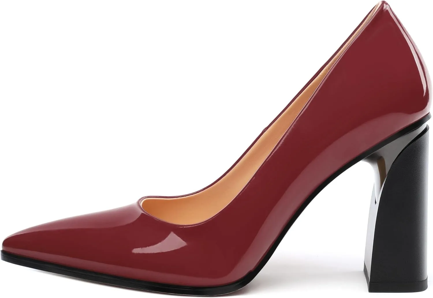Chunky Block Heels for Women Patent Closed Pointed Toe Pumps Slip on Heels Dress Wedding Shoes 3.5IN