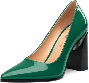 Chunky Block Heels for Women Patent Closed Pointed Toe Pumps Slip on Heels Dress Wedding Shoes 3.5IN