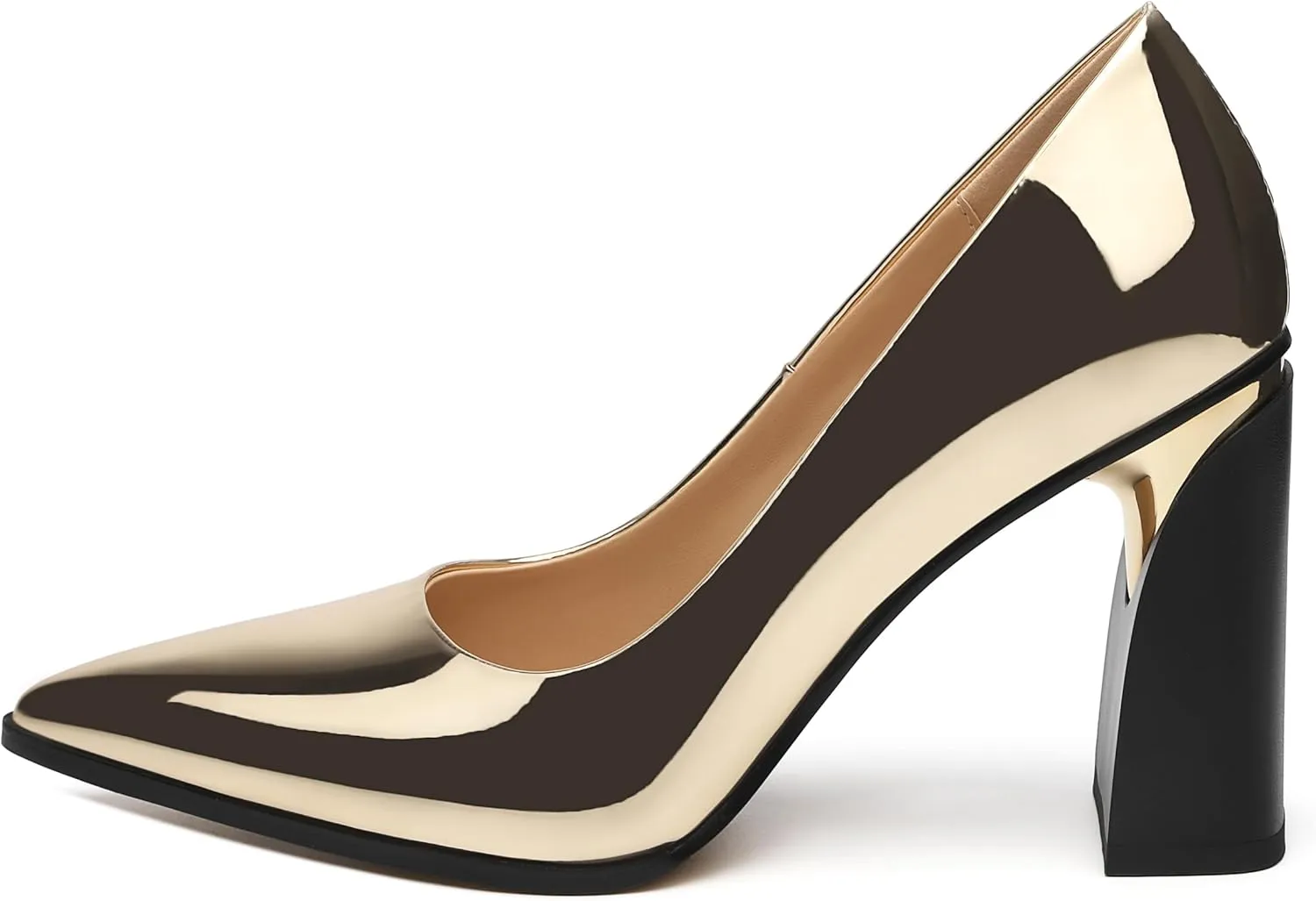 Chunky Block Heels for Women Patent Closed Pointed Toe Pumps Slip on Heels Dress Wedding Shoes 3.5IN