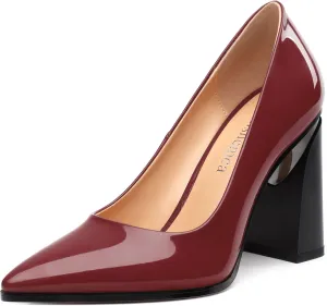 Chunky Block Heels for Women Patent Closed Pointed Toe Pumps Slip on Heels Dress Wedding Shoes 3.5IN