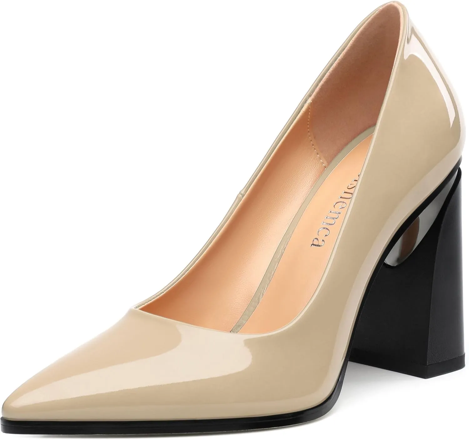 Chunky Block Heels for Women Patent Closed Pointed Toe Pumps Slip on Heels Dress Wedding Shoes 3.5IN