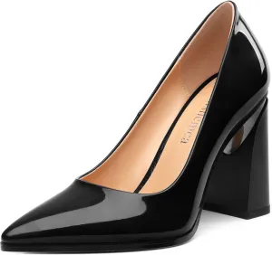 Chunky Block Heels for Women Patent Closed Pointed Toe Pumps Slip on Heels Dress Wedding Shoes 3.5IN