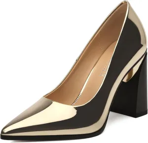 Chunky Block Heels for Women Patent Closed Pointed Toe Pumps Slip on Heels Dress Wedding Shoes 3.5IN