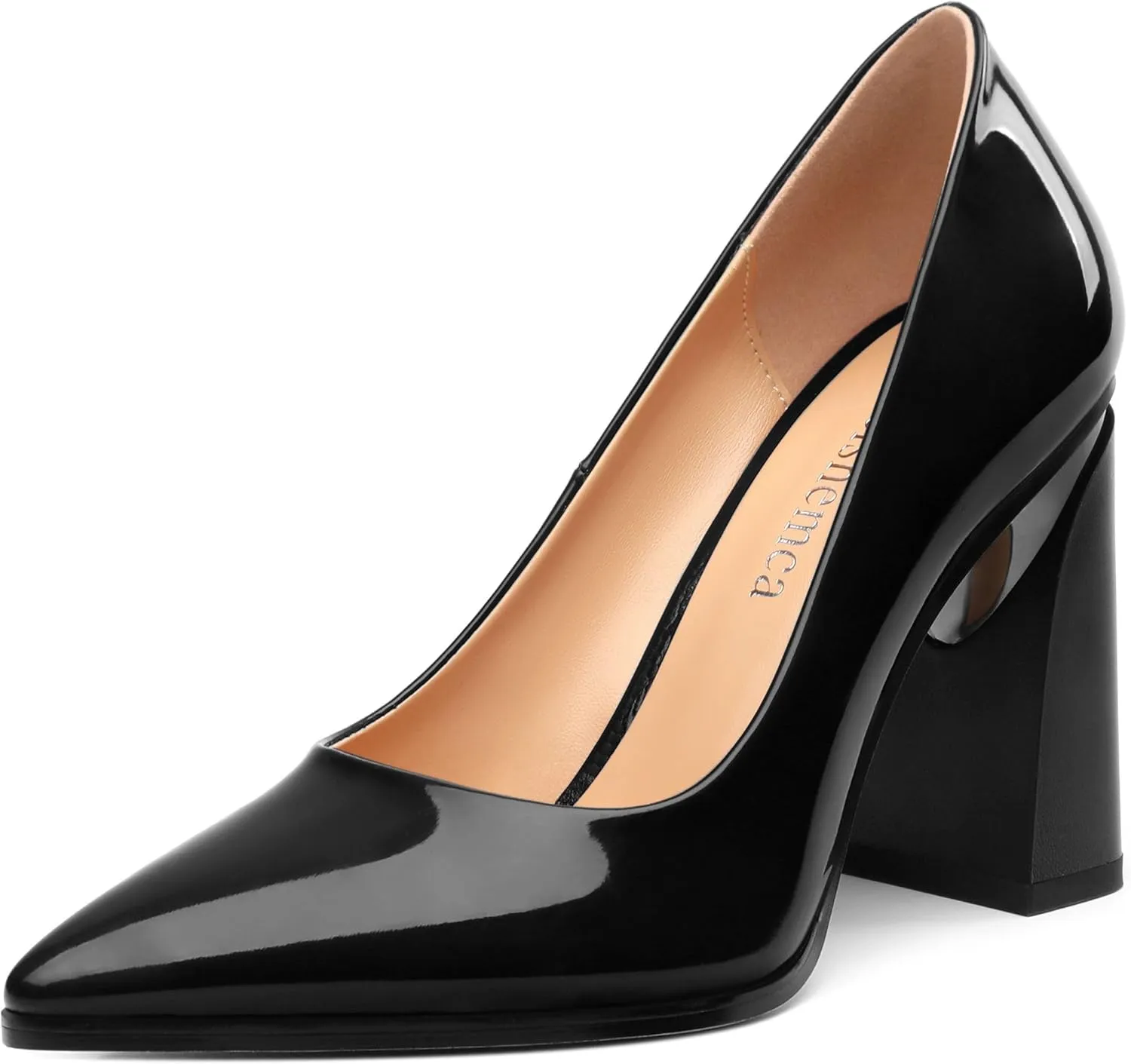 Chunky Block Heels for Women Patent Closed Pointed Toe Pumps Slip on Heels Dress Wedding Shoes 3.5IN
