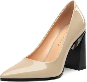 Chunky Block Heels for Women Patent Closed Pointed Toe Pumps Slip on Heels Dress Wedding Shoes 3.5IN