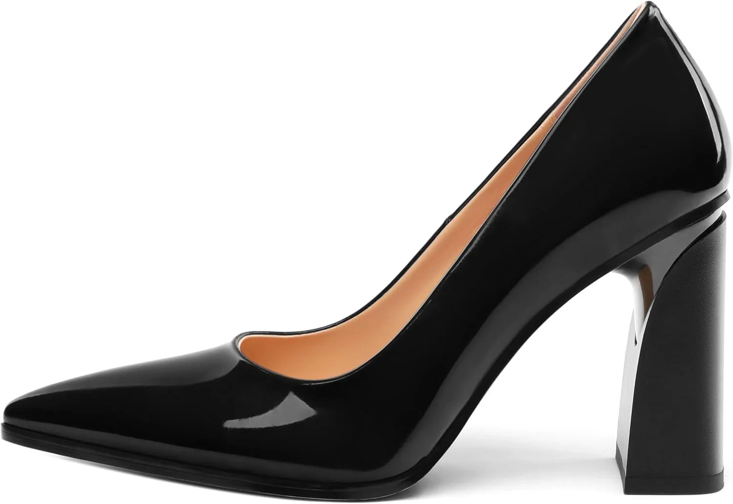 Chunky Block Heels for Women Patent Closed Pointed Toe Pumps Slip on Heels Dress Wedding Shoes 3.5IN