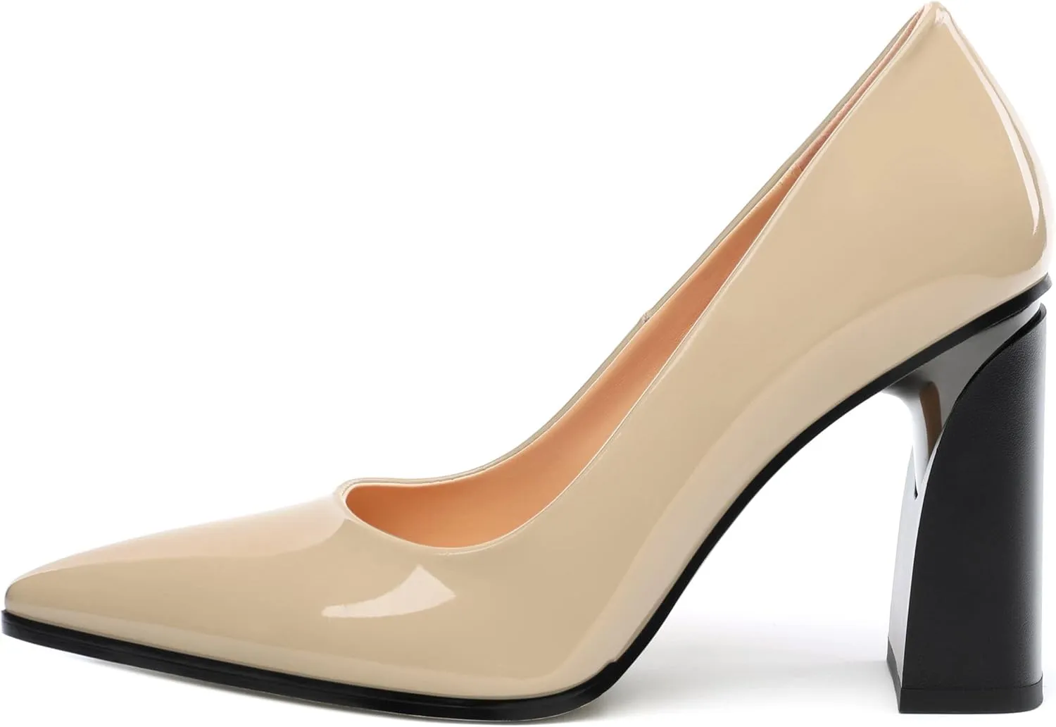 Chunky Block Heels for Women Patent Closed Pointed Toe Pumps Slip on Heels Dress Wedding Shoes 3.5IN