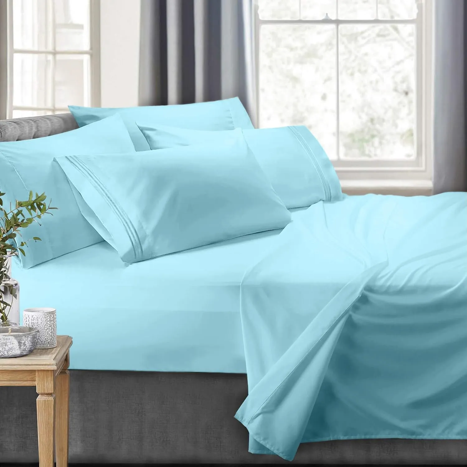 Clara Clark Bed Linen Set, 6 Piece - Microfiber Short Queen Sheets for RV, Aqua Light Blue