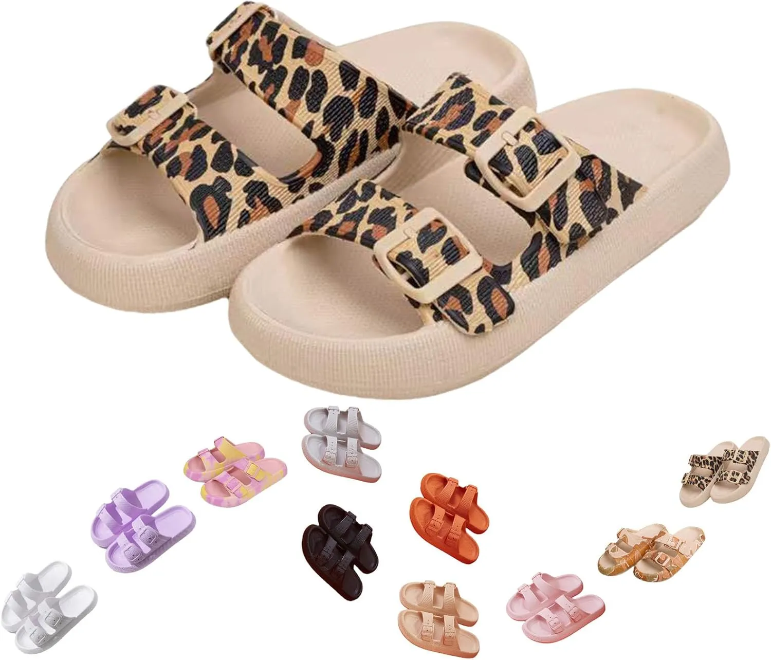 Cloud Slides for Women, Adjustable Double Buckle Slippers, Soft Summer Bathroom Quick Dry Cloud Pillow Slippers