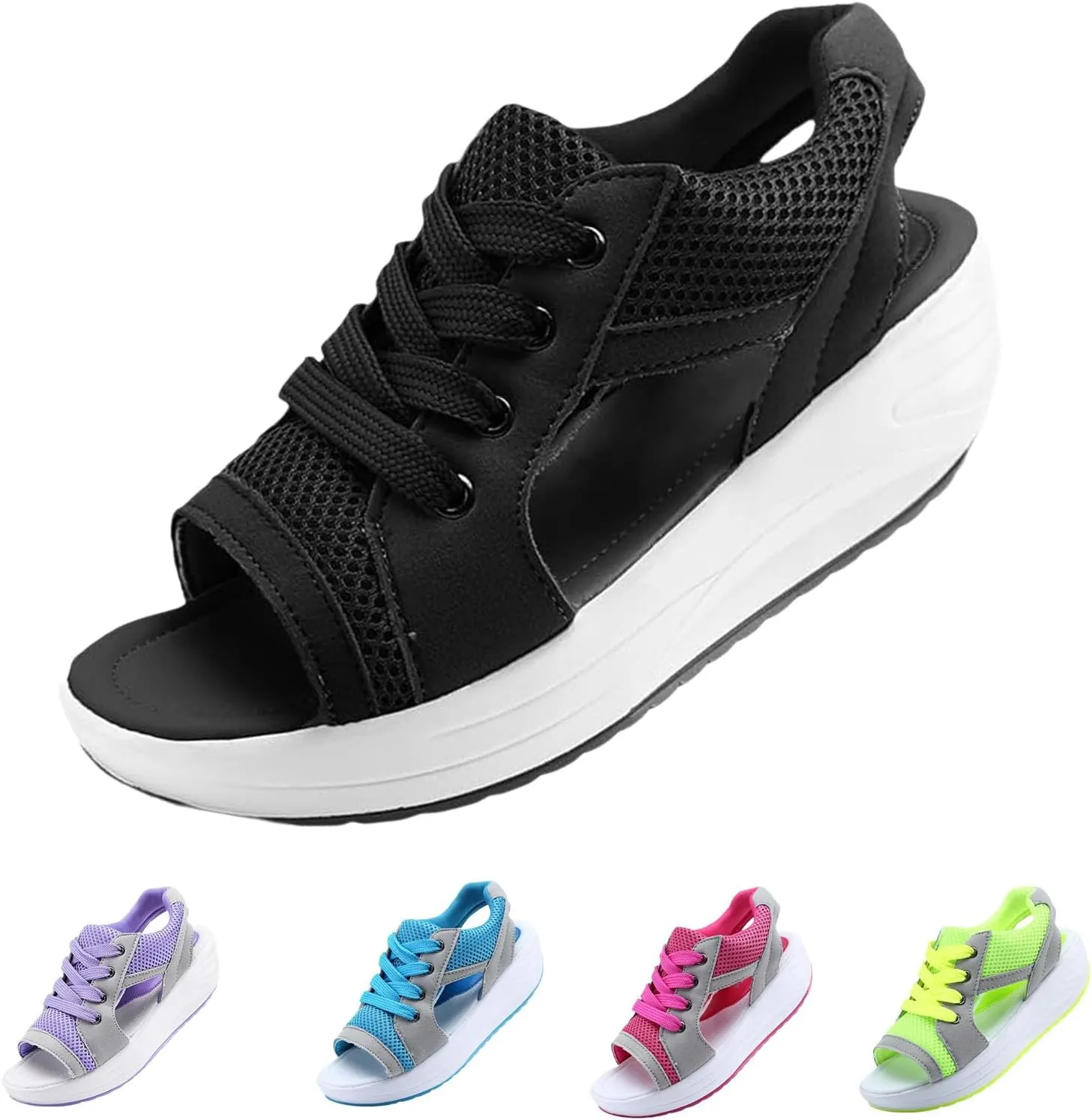Contrast Paneled Cutout Lace-Up Muffin Sandals for Women, Causal Summer Tennis Shoes Open Toe Platform Sneaker