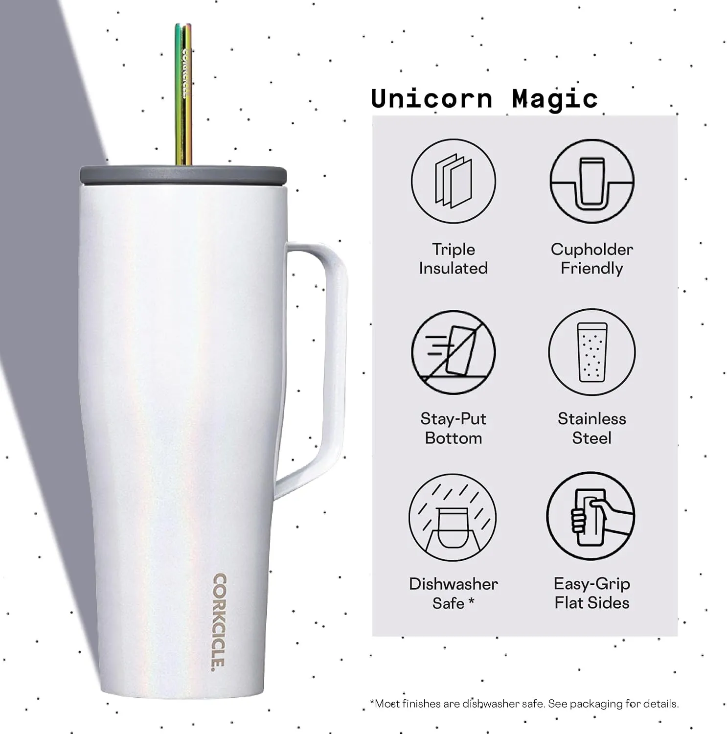 Corkcicle Cold Cup XL Insulated Tumbler with Handle, Lid, & Straw, Sparkle Unicorn Magic, 30 oz – Reusable Cupholder Friendly Water Bottle Keeps Drinks Cold 12hrs