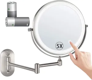 Cosmetic Mirror with Light and 5X Magnification,Wall Mounted Makeup Mirror with 3 Selectable Color Settings,360Swivel and Extendable Vanity Mirror for Bathroombattery Operatedb/Gold (