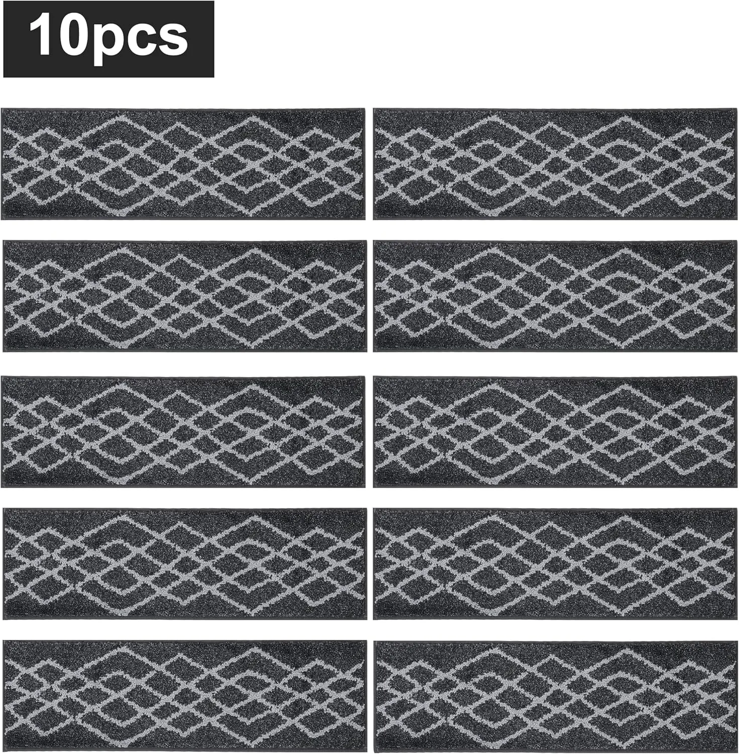 COSY HOMEER Soft Stair Treads Non-Slip Carpet Mat 28inX9in Indoor Stair Runners for Wooden Steps,Stair Rugs for Kids and Dogs, 100% Polyester TPE Backing 10pcs,Black,Rhombus
