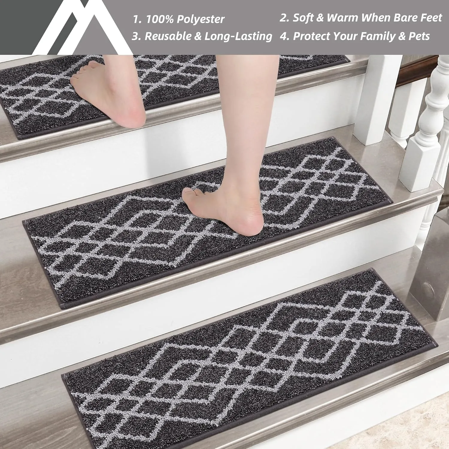 COSY HOMEER Soft Stair Treads Non-Slip Carpet Mat 28inX9in Indoor Stair Runners for Wooden Steps,Stair Rugs for Kids and Dogs, 100% Polyester TPE Backing 10pcs,Black,Rhombus