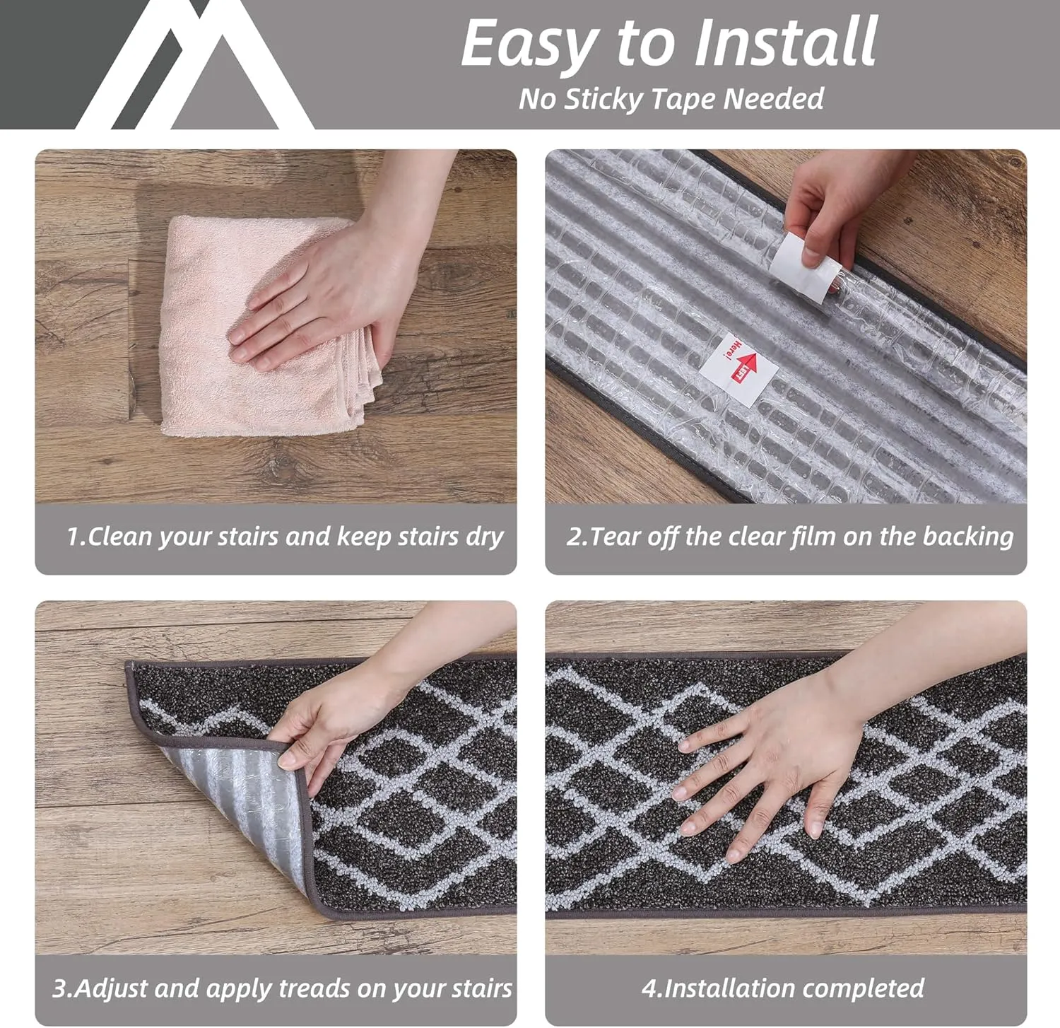 COSY HOMEER Soft Stair Treads Non-Slip Carpet Mat 28inX9in Indoor Stair Runners for Wooden Steps,Stair Rugs for Kids and Dogs, 100% Polyester TPE Backing 10pcs,Black,Rhombus