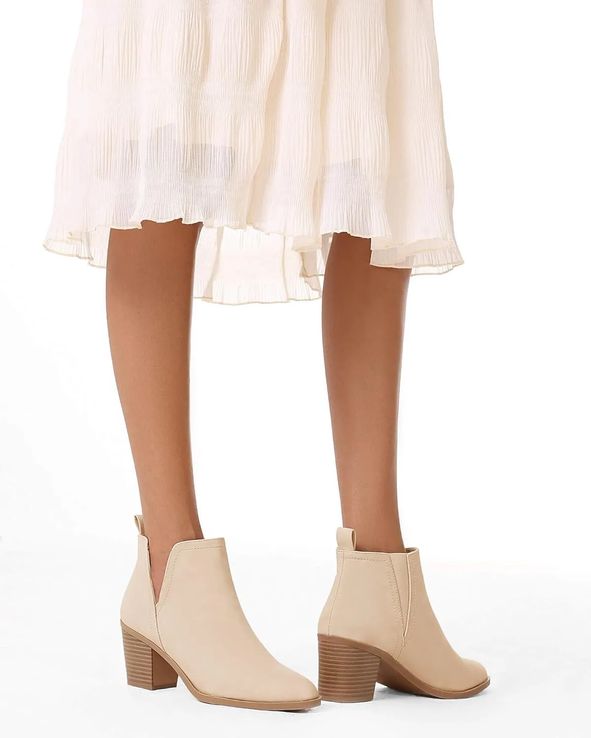 Coutgo Womens Cut Out Ankle Boots Chunky Stacked Heel Almond Toe Slip on Western Booties
