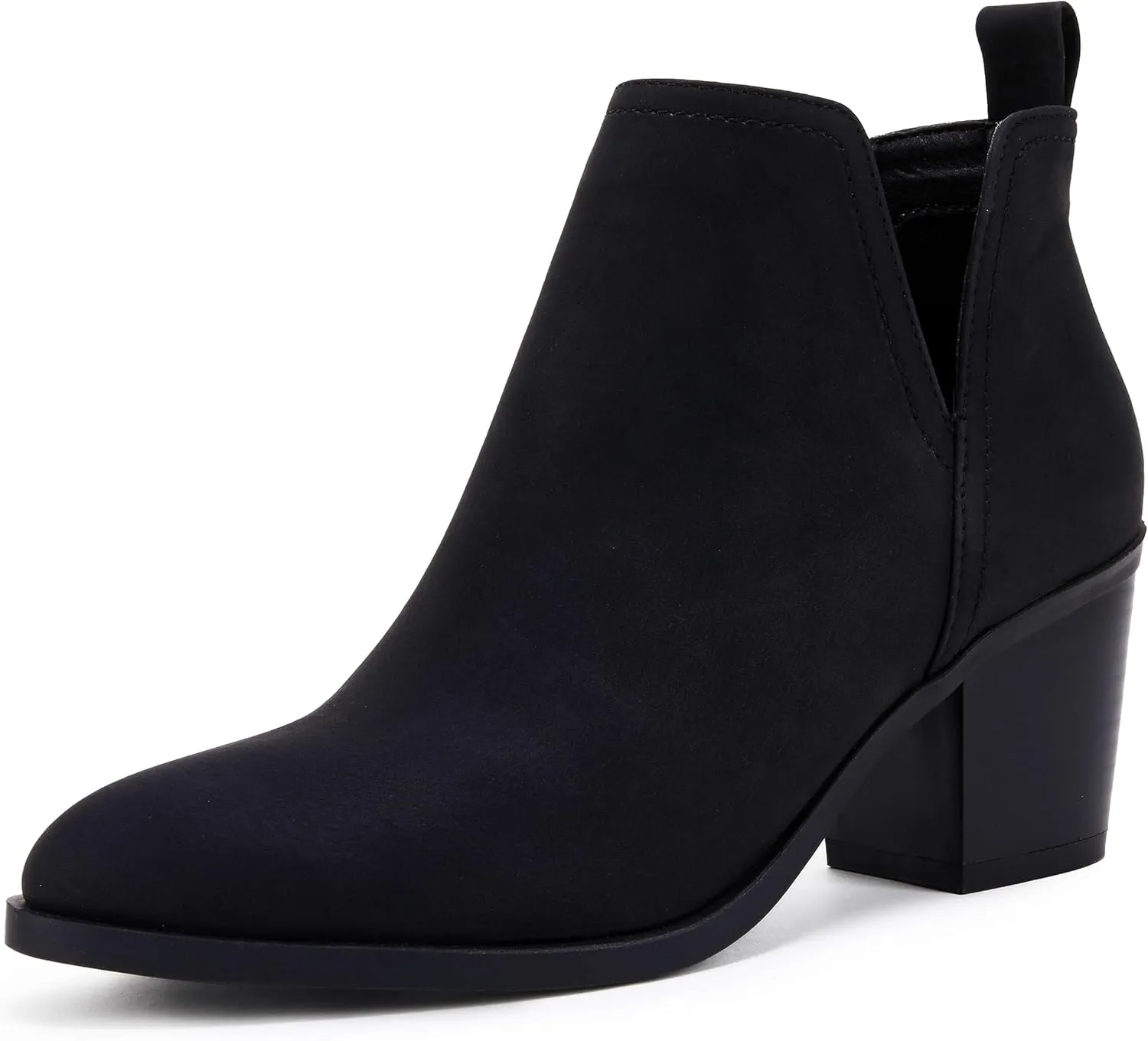 Coutgo Womens Cut Out Ankle Boots Chunky Stacked Heel Almond Toe Slip on Western Booties